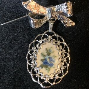 Oval Petit Point Hand Embroidery Floral Silver Tone Brooch Pin